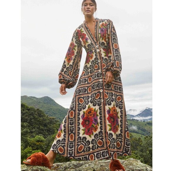 Farm Rio Flower Tapestry Maxi Dress Red Black Floral - with tags - XS X SMALL